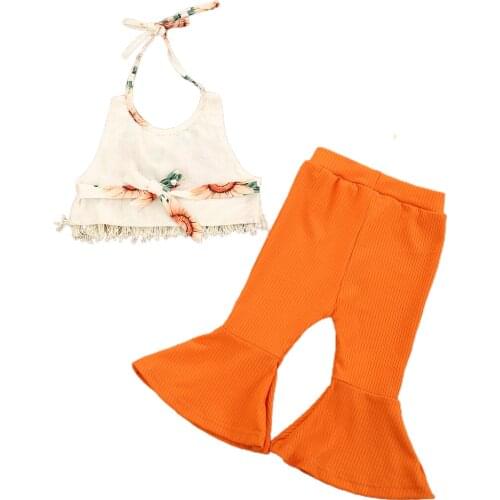 2-7 Years Baby Girls Summer Clothing Set Camisole Trousers Suit Sweet Sunflower Halter Tops and Solid Color Trumpet Pants