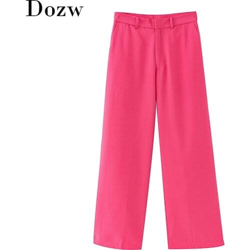 2020 Women Office Wear Rose Wide Leg Pants High Waist Chic Full Length Pants Zipper Fly Solid Casual Ladies Trousers