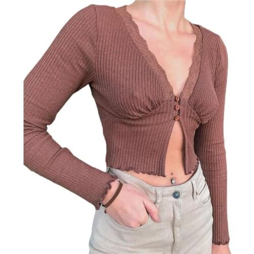 Women Sexy Long Sleeve Deep V Neck Knit Blouse Split Hem Ribbed Buttons Crop Top