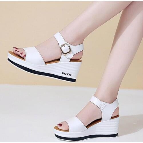 2021 Summer New Shoes Woman Leather High Heel Wedge Female Sandals Sponge Cake with Open Toe Thick Female Shoes Sneakers W309