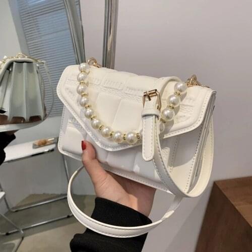 Female Small Bags Luxury Brand Pearl Strap Crossbody Bags for Women Black Ladies Handbags Shoulder 2021 Summer Leather Bags