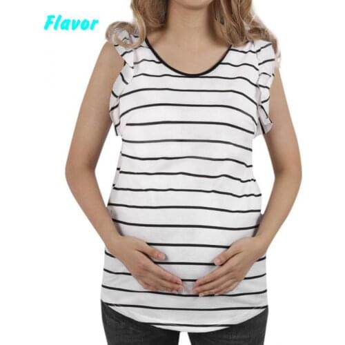 Womens Maternity Tops Flying Sleeve Striped Pregnant T Shirts Side Ruched Mama Maternity Clothes Pregnancy Clothes Comfortable