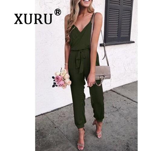 XURU summer new womens jumpsuit sexy V-neck sling solid color jumpsuit casual jumpsuit with belt