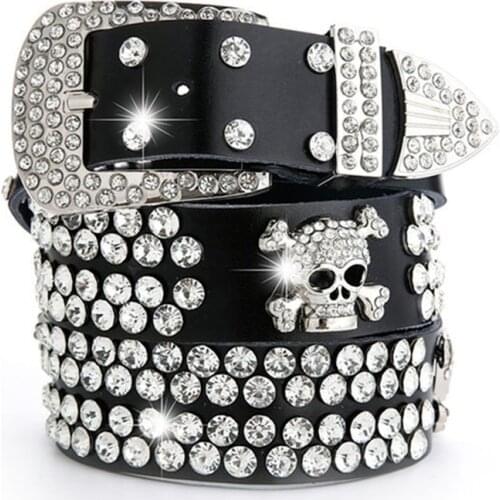Vintage Rhinestone Skull Belts for Women Wide Buckle Belt For Women High Quality Cow Skin Strap Female Jeans Waistband