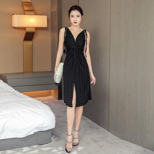 Black Plaid Runway Dress 2020 Deep V-neck Sleeveless Corset Split Sexy Bodycon Dress Women Plus Size Dresses for Women Summer