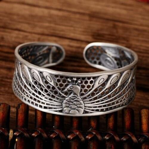 Real S925 Sterling Silver National Style Hollow Out Wide Version Peacock King Ming Bracelet Exquisite Gift Jewelry