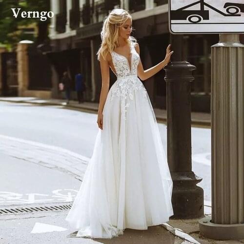 Verngo Elegant Boho A Line Wedding Dress V Neck Pearls Tulle Lace Applique Bridal Dresses Bohemian Plus Size Robe de mariage
