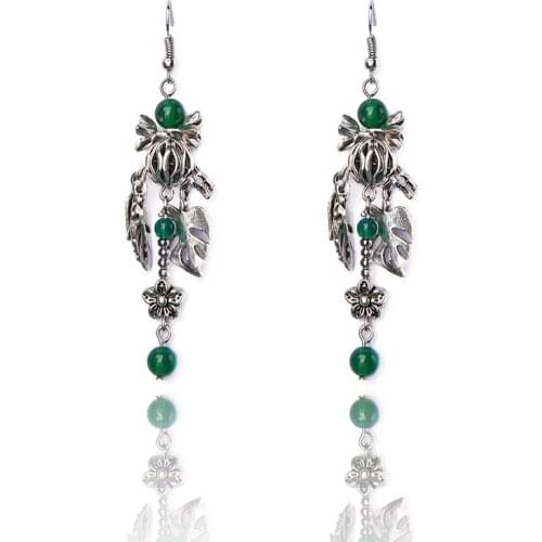 BOEYCJR Ethnic Silver Color Stone Bead Drop Earrings Handmade Jewelry Alloy Leaf Hook Earrings Dangle Earrings for Women Gift