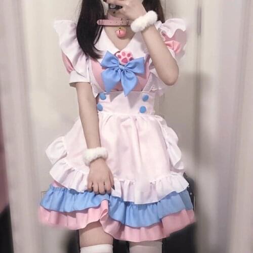 Kawaii Maid Lolita Dress Daily Sweet Cute Big Bow Lolita Dresses 2021 Summer New LolIta WomenS Cosplay Pink Mini Dress Girly