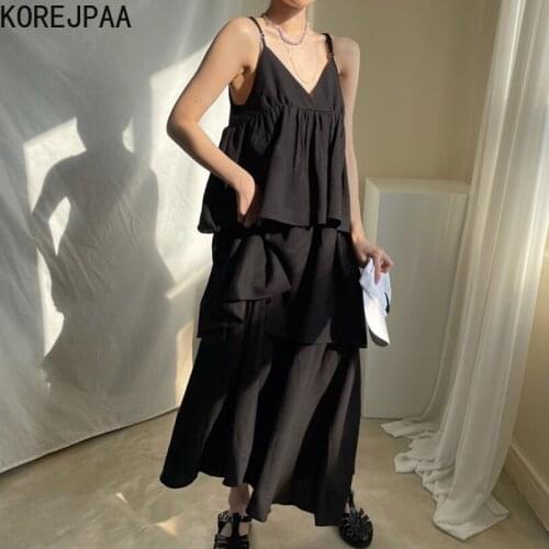 Korejpaa Women Dress 2021 Summer Korean Chic Ladies Dark Style V-Neck Slimming Loose Layered Ruffled Cake Suspender Vestidos