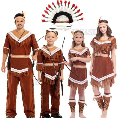 Halloween Women men Indian Princess Costumes Kids boys Girls Pocahontas Huntress Costume Purim Party Mardi Fancy Dress headdress