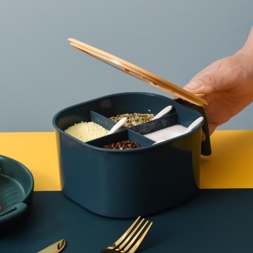 4 Grids Kitchen Seasoning Storage Container Box Condiment Spice Holder with Lid