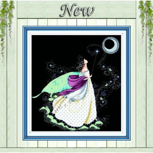 Moon fairy angel girl painting counted on canvas Cross Stitch Embroidery kits Needlework Set DMC 14CT 11CT black cloth unprinted
