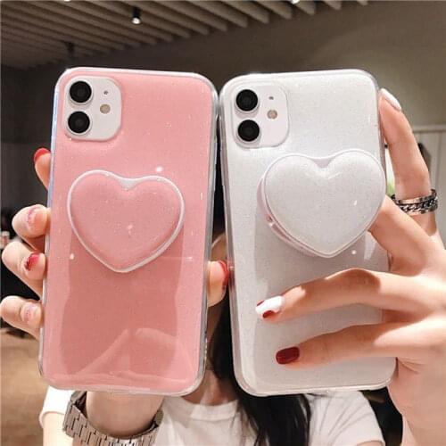 Candy Love Heart Phone Case for IPhone 12 11 Pro 7 8plus Xsmax Xr Cute Glitter Holder Stand Shockproof Silicon Back Cover