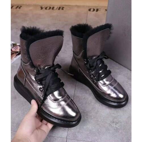 Mental Color Snow Boots Women Plus Wool Lace-Up Thick Bottom Wedges Genuine Leather Female Ankle Boots 2020 Winter New Designer
