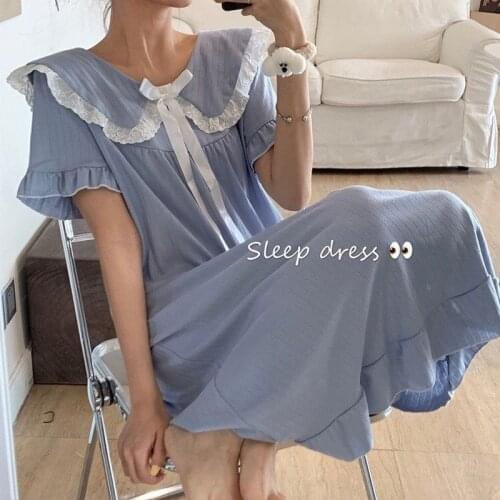 Qweek Princess Style Nightdress Women Nightwear Japanese Kawaii Nightgown Lace Bow Sleepdress Soft Home Wear Comfortable