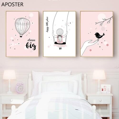 Nordic Style Pink Girl To Swing Balloon Canvas Painting Children Nursery Posters Prints Wall Art Pictures Baby Kids Room Decor