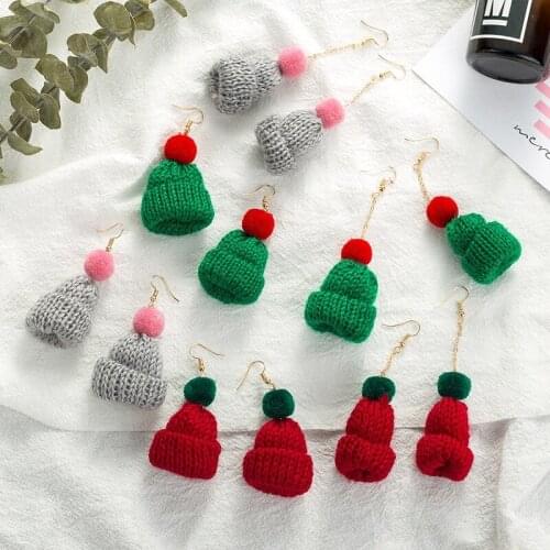 Handmade Colorful Cute Plush Hairball Winter Christmas Hat Dangle Earrings Elegant Wool Funny Party Girl Ear Stud Wholesale
