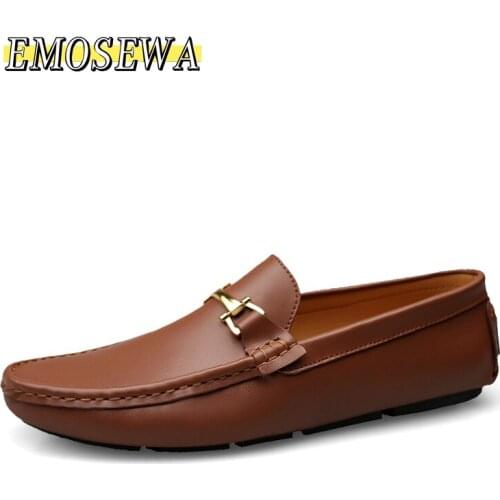 EMOSEWA Italian Mens Shoes Casual Brands Fashion Formal Luxury Shoes Men Loafers Moccasins Genuine Leather Brown Driving Shoes