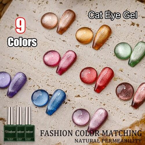 Vendeeni Starry Sky Wide Cat Eye Gel Nail Polish 9 Colors Silver Snowlight Gel Varnish Magnetic UV Soak Off Cat Eye Gel Lacquer