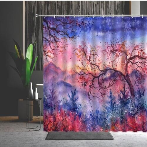 Waterproof Shower Curtain Hand Painted Mountain Tree Natural Landscape Plant Machine Washable Printing Bath Curtains With Hooks