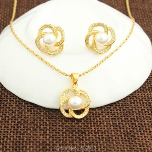 High quality Crystal Flower Pendant Necklace18K Gold Color Simulated Pearl Pendant Jewelry Set For Women Jewelry