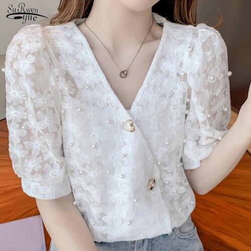 2021 Puff Sleeve Beading V-neck Fashion Lace Shirt Summer New Women Blouses Short Sleeve Hook Floral Hollow Tops Blusas 15134