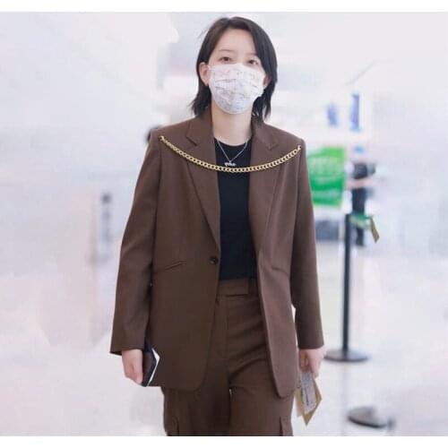 Runway Coffee Blazer Jacket Women Loose Long Coat 2021 Autumn Ladies Suit Chains Notched Collar Single Button Blazers for Woman