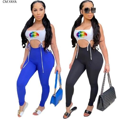 CM.YAYA Women Sport Two Piece Set Lips Tank Tops Leggings Jogger Sweatpants Suit Tracksuit Matching Set Outfits Overalls