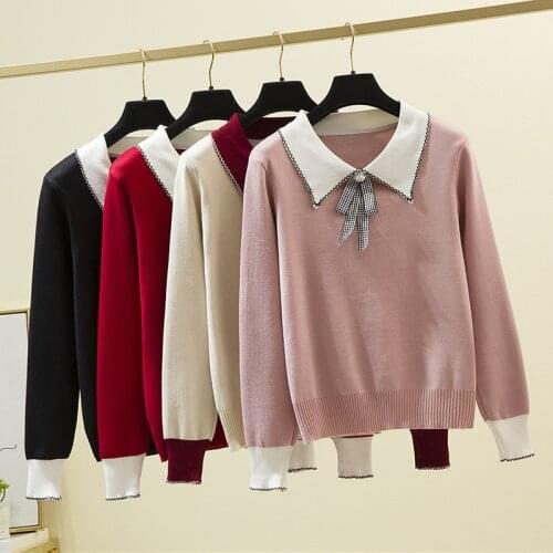Shintimes Knitted Sweater Women 2020 Bow Turn-Down Collar Korean Autumn Winter Woman Sweaters Long Sleeve Pullovers Ladies Tops