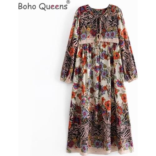 Boho Queens women tie neck tassel Multi pattern beach Bohemian maxi dress Ladies long sleeve rayon cotton Boho dress vestidos