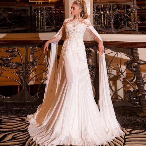 Elegant Wedding Dresses Chiffon Pleat Appliques O-Neck Half Sleeve Zipper A-Line Bridal Gowns Novia Do 2021 New Party