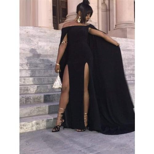 Spandex Mermaid Evening Dresses With Cape Double High Split Side Boat Neck Long Satin Formal Party Gowns Robe De Soiree