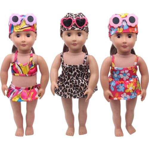 18 Inch American Doll Girls Summer Bikini Print Swimsuit Glasses + Shoes Newborn Baby Toys Accessories Fit 43 Cm Boy Dolls c333