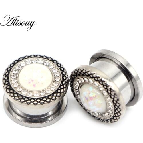 Alisouy 2pcs Stainless Steel crystal Opal Pulley Ear tunnels Strechers piercing ear plugs expanders body jewelry Women Men gift