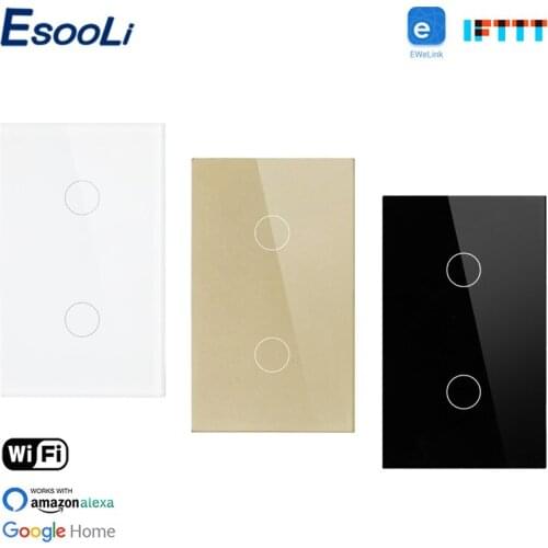 EsooLi 2 Gang Tempered Crystal Glass Panel Wireless Wall Touch Switch Smart Home Ewelink APP Null and Fire Line Light Switch