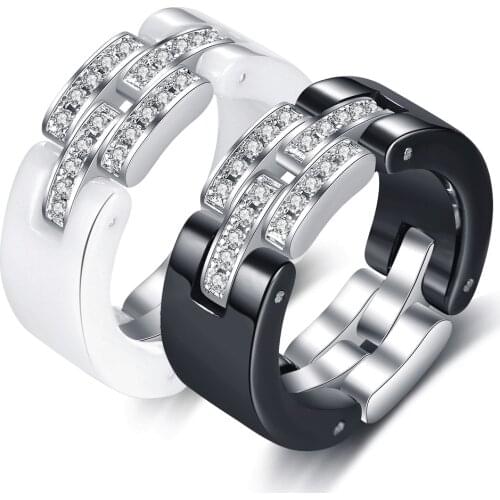 Flexible Black White Ceramic Anneaux Rings Jewelry Fashion Crystal Wedding Engagement Rings For Women Party Accessories Design