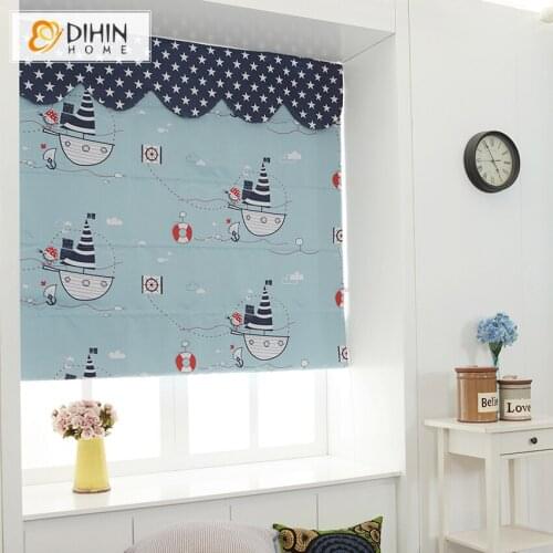 Cartoon Blue Sailing Boat Printed Custom Roman Blinds For Living Room Flat Roman Shades Free Shipping