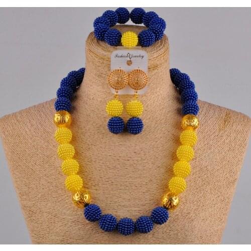24 inches royal blue yellow african jewelry set nigerian beads wedding bridal party jewelry sets for women FZZ14