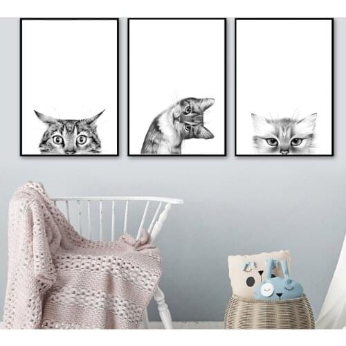Cat Funny kitty Animal Nursery Wall Art Canvas Painting Black White Nordic Posters And Prints Wall Pictures Baby Kids Room Decor