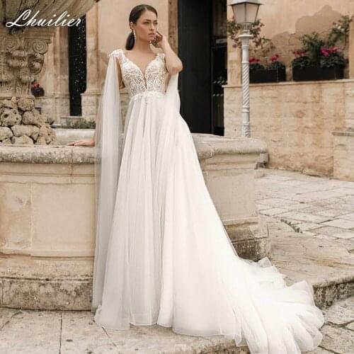 Lhuilier V-neck A-line Tulle Wedding Dresses 2020 Sleeveless Lace Appliques Floor Length Court Train Bridal Dress