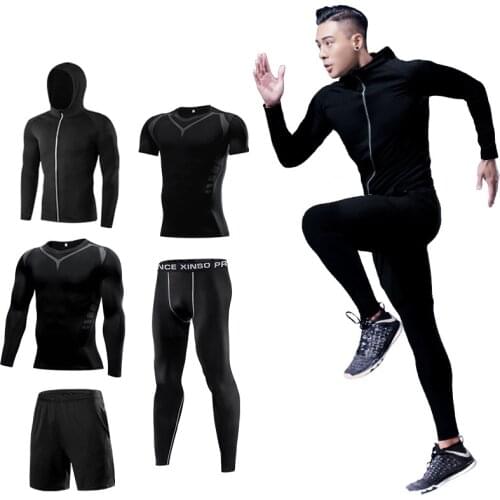 Queshark 5Pcs/Set Men Running Sports Suit Gym Fitness Compression Tracksuit Jogging Sportswear Exercise Workout Tights Clothes