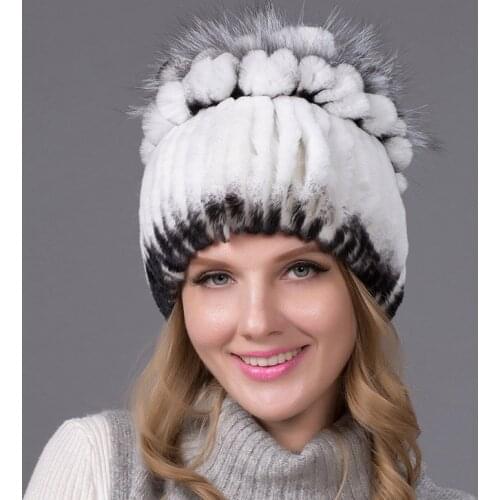 New Promotion Autumn and Winter Rabbit Fur Hat Womens Knitted Rabbit Fur Hat Fox Fur Flower Warm Casual Ladies Hat THY-10