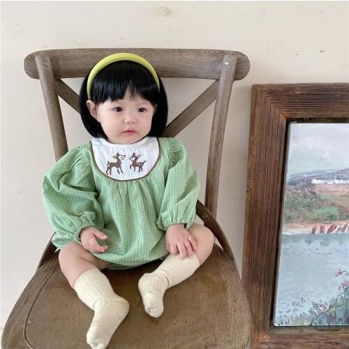 2021 New Baby Embroidered Deer Green Plaid Long-Sleeved Color Matching Romper Girl Bag Fart Out Climbing Clothes
