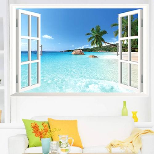 Huge Removable Beach Sea 3D Window Landscape Wall Sticker Decoration Decal Bedroom Office Quick Paste