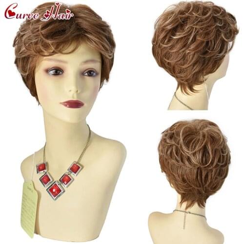 Brown Blonde Color Short Water Wave Hairstyle Resistant Wigs For Women Synthetic Hair High Temperature Fiber Average Size