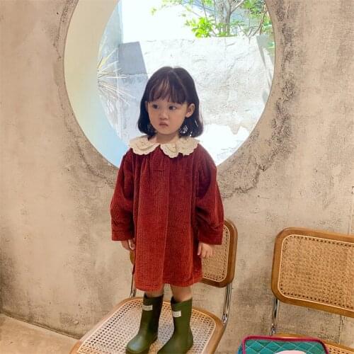 Girls' Dress 2021 Autumn New Lace Collar Korean Childrens Clothing Corduroy Baby Girl Fashionable Skirt Children Shirt