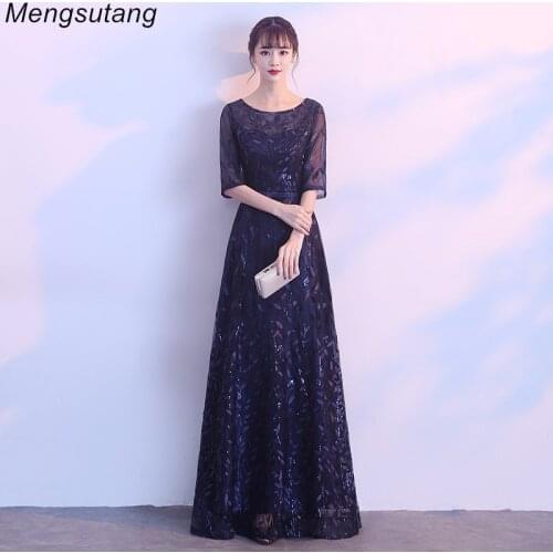 Robe De Soiree O-Neck Navy Blue Half Sleeve Evening Dress Fashion Leaves Pattern Party Dresses Prom dresses Custom made