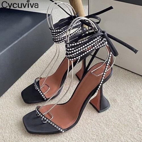 High Heel Women Sandals peep Toe Crystal Ankle Strap Ladies Pumps Summer Brand Runway Cup Heel Leather Gladiator Shoes Woman