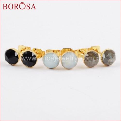BOROSA Druzy Natural Stone Stud Earrings for Women,6mm Round Gold Color Multi-kind Stone Faceted Drusy Stud Earrings G1299